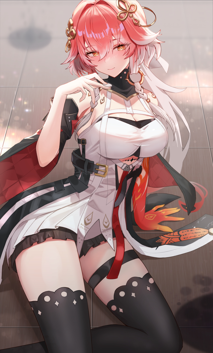 1girl, absurdres, bare_shoulders, black_collar, black_jacket, black_sleeves, black_thighhighs, body_markings, bow, braid, breasts, bright_pupils, changli_(wuthering_waves), cleavage, closed_mouth, clothing_cutout, collar, colored_extremities, commentary, detached_sleeves, devonrex, dress, hair_between_eyes, hair_bow, hair_extensions, hair_ornament, halterneck, highres, holding, jacket, large_breasts, long_hair, looking_at_viewer, multicolored_hair, on_ground, orange_arms, pink_hair, red_hands, ring_hair_extensions, sitting, smile, tacet_mark_(wuthering_waves), thigh_strap, thighhighs, twin_braids, two-tone_hair, underboob_cutout, very_long_hair, white_bow, white_dress, white_hair, white_pupils, wuthering_waves, yellow_eyes