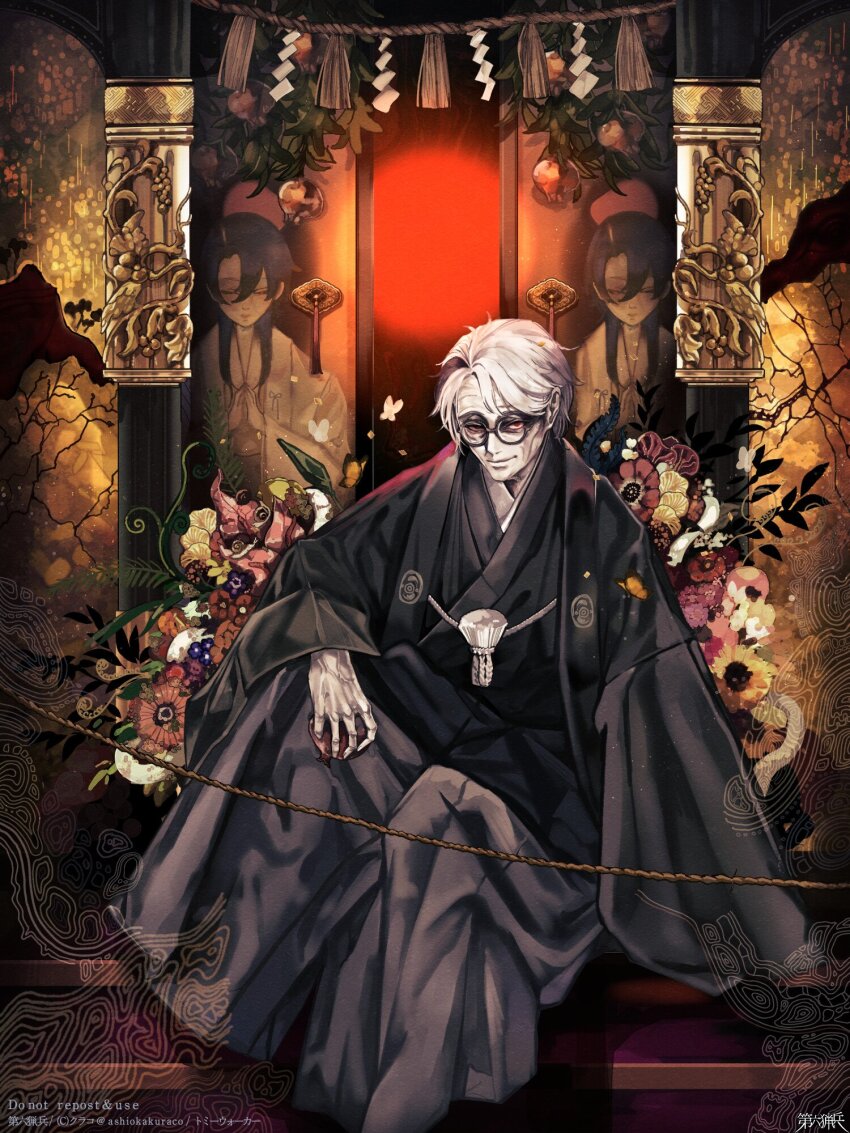1boy, aged_up, akedori_ouma, anemone_(flower), arm_support, ashioka_kuraco, black_hair, black_jacket, black_kimono, dairoku_ryouhei, feet_out_of_frame, flower, food, fruit, funeral, funeral_kimono, glasses, grey_hakama, hakama, haori, haori_himo, highres, holding, holding_food, holding_fruit, jacket, japanese_clothes, kimono, knee_up, long_sleeves, looking_at_viewer, male_focus, multicolored_hair, obi, old, old_man, pale_skin, pillar, pomegranate, portrait_(object), purple_flower, red_eyes, red_flower, rope, round_eyewear, sash, shide, short_hair, sitting, sliding_doors, smile, snake, solo, streaked_hair, swept_bangs, white_flower, white_hair, white_snake, wrinkled_skin, yellow_flower