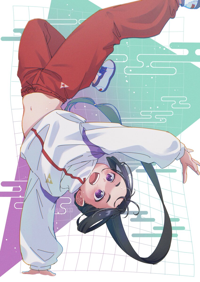 1boy, :d, absurdres, arched_back, black_hair, blush, chromatic_aberration, drawstring, egasumi, floating_hair, full_body, gradient_background, grid_background, handstand, high_collar, highres, houjou_tokiyuki_(nige_jouzu_no_wakagimi), jacket, legs_up, light_particles, long_hair, long_sleeves, looking_at_viewer, low-tied_long_hair, male_focus, midriff, mitsu_uroko, nige_jouzu_no_wakagimi, one_arm_handstand, open_mouth, outstretched_arm, pants, parted_bangs, piita, ponytail, purple_eyes, red_pants, shoes, sidelocks_tied_back, smile, sneakers, solo, sweat, teeth, track_jacket, track_pants, track_suit, twitter_username, upper_teeth_only, upside-down, vaporwave, very_long_hair, warped, white_background, white_jacket, white_shoes