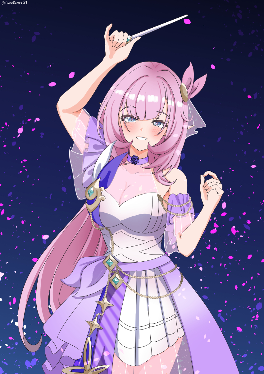 1girl, absurdres, bare_shoulders, blue_background, blue_eyes, breasts, choker, cleavage