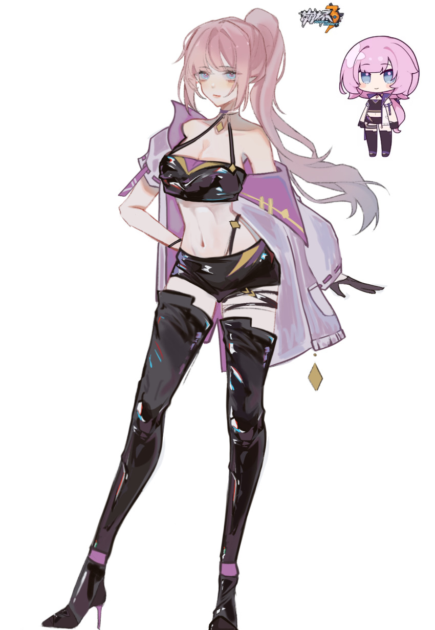 1girl, alternate_hairstyle, bare_shoulders, black_boots, black_gloves, black_shorts, blue_eyes, boots, breasts, cleavage, copyright_name, elf, elysia_(honkai_impact), elysia_(miss_pink_elf)_(honkai_impact), full_body, gloves, halterneck, high_heel_boots, high_heels, high_ponytail, highres, honkai_(series), honkai_impact_3rd, iceliebediced, jacket, large_breasts, leather_shorts, long_hair, looking_at_viewer, navel, official_alternate_costume, official_art_inset, open_clothes, open_jacket, pink_hair, pointy_ears, ponytail, purple_jacket, short_shorts, shorts, solo, stomach, white_background