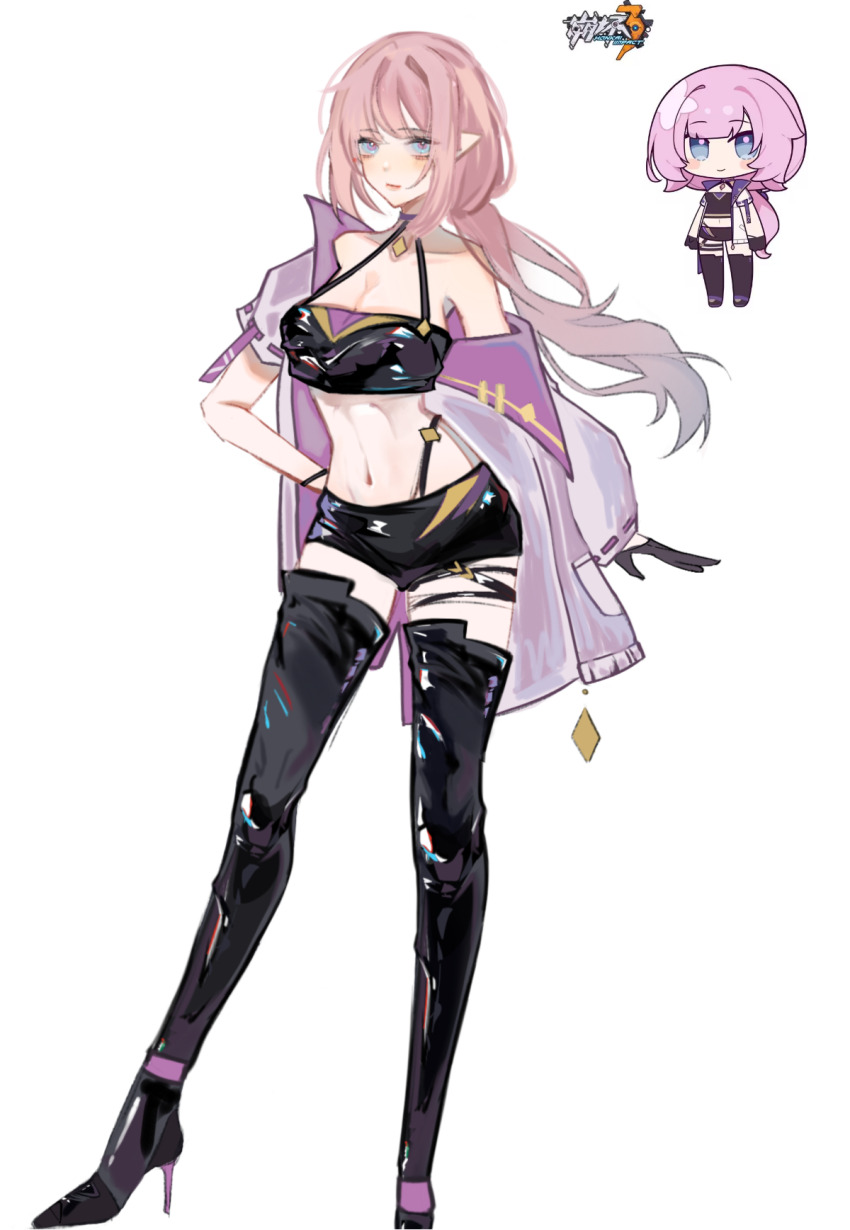 1girl, bare_shoulders, black_boots, black_gloves, black_shorts, blue_eyes, boots, breasts, cleavage, copyright_name, elf, elysia_(honkai_impact), elysia_(miss_pink_elf)_(honkai_impact), full_body, gloves, halterneck, high_heel_boots, high_heels, highres, honkai_(series), honkai_impact_3rd, iceliebediced, jacket, large_breasts, leather_shorts, long_hair, looking_at_viewer, navel, official_alternate_costume, official_art_inset, open_clothes, open_jacket, pink_hair, pointy_ears, purple_jacket, short_shorts, shorts, solo, stomach, white_background