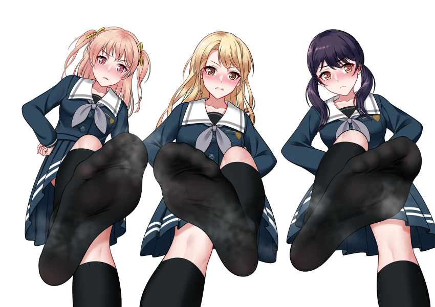 3girls, absurdres, bang_dream!, bang_dream!_girls_band_party!, black_hair, blonde_hair, blush, feet