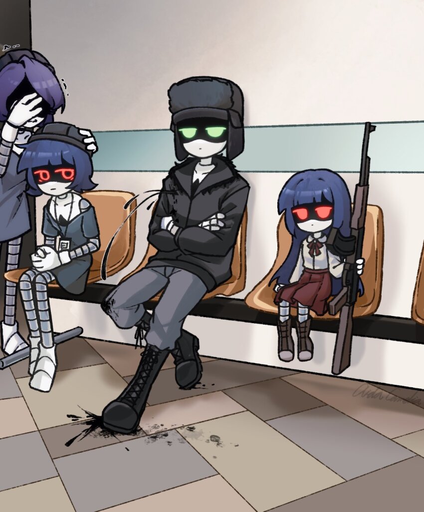 1boy, 3girls, aged_down, aida_(aidacamelia0516), boots, coat, doll's_father_(murder_drones), doll_(murder_drones), father_and_child, father_and_daughter, father_shot_by_son_(meme), glitch_productions, gun, highres, long_hair, major_injury_underreaction, meme, multiple_girls, murder_drones, no_humans, nori_(murder_drones), parent_and_child, red_eyes, rifle, skirt, weapon, yeva_(murder_drones)