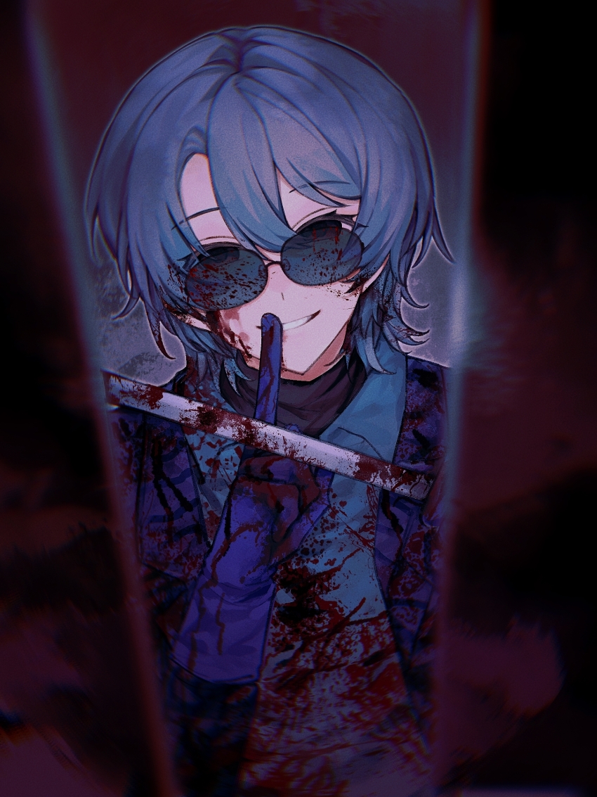1boy, black_eyes, blood, blood_in_hair, blood_on_clothes, blood_on_eyewear, blood_on_face, blue-tinted_eyewear