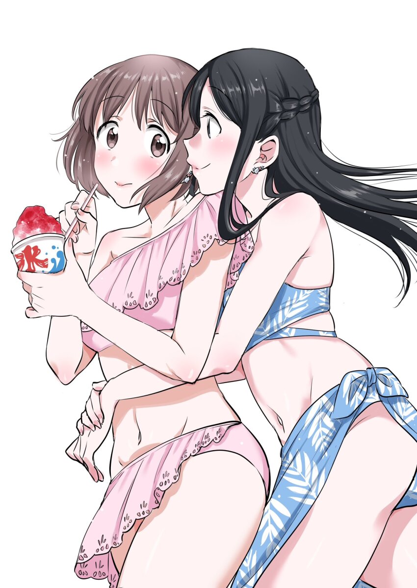 2girls, bikini, black_hair, blue_bikini, blush, breasts, brown_hair, cleavage