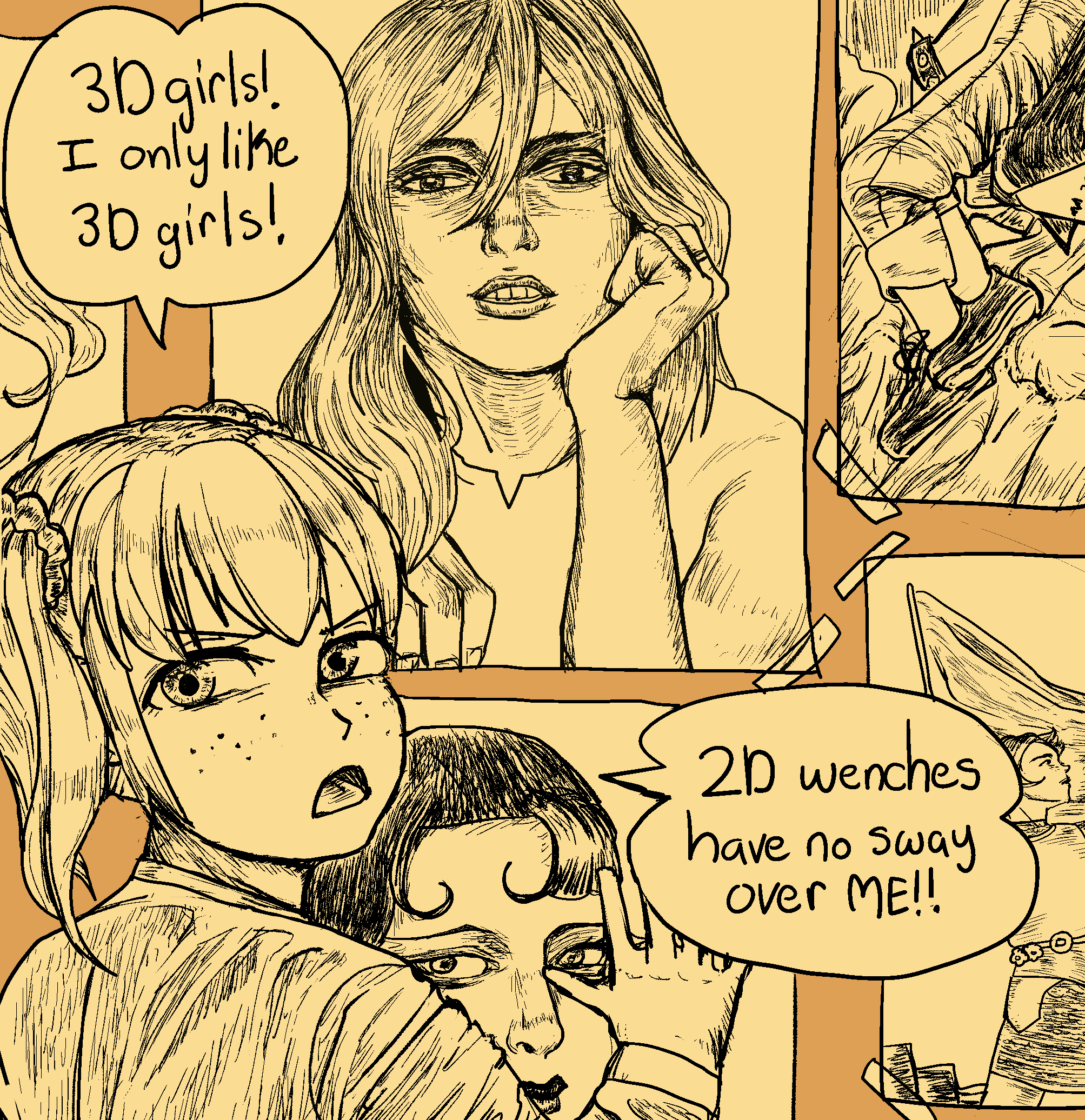 1girl, commentary, english_commentary, english_text, freckles, hair_ornament, hair_scrunchie, highres