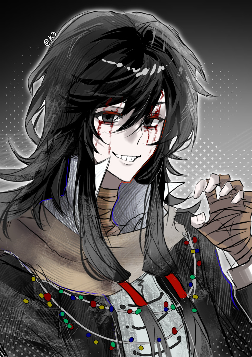 1boy, absurdres, bandaged_hand, bandaged_neck, bandages, black_eyes, black_hair, black_jacket