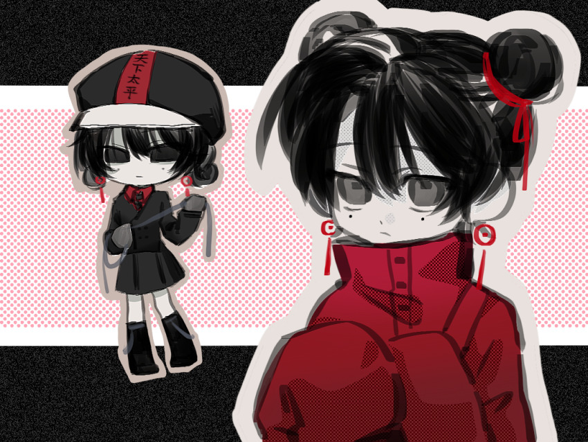 1girl, black_boots, black_eyes, black_gloves, black_hair, black_hat, black_jacket, black_necktie