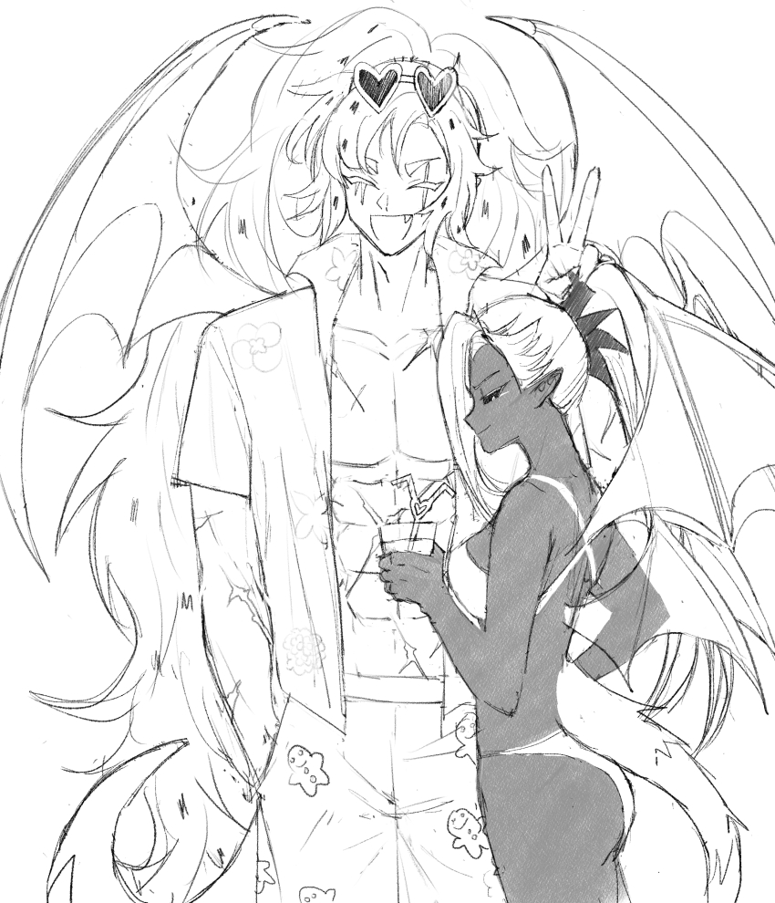 1boy, 1girl, ^_^, abs, absurdres, ananas_dragon_cookie, ass, asymmetrical_bangs, bikini, black_sclera, closed_eyes, closed_mouth, collarbone, colored_sclera, commentary_request, cookie_run, cookie_run:_ovenbreak, cowboy_shot, cup, dark-skinned_female, dark_skin, dragon_boy, dragon_girl, dragon_tail, dragon_wings, drinking_straw, eyewear_on_head, facing_viewer, fang, floral_print, genderswap, genderswap_(otf), genderswap_(otm), hand_in_pocket, hand_up, heart, heart-shaped_eyewear, height_difference, highres, holding, holding_cup, humanization, jacket, long_hair, looking_at_viewer, lv999ppbunny, male_swimwear, open_clothes, open_jacket, open_mouth, pitaya_dragon_cookie, pointy_ears, ponytail, profile, scar, scar_across_eye, scar_on_arm, scar_on_face, scar_on_stomach, short-sleeved_jacket, short_sleeves, simple_background, sketch, smile, standing, straight-on, swimsuit, tail, v, very_long_hair, white_background, wings