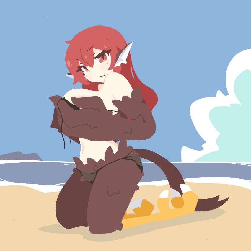 1girl, animal_ears, bare_shoulders, beach, big_o_pants, bikini, bird_ears, bird_legs