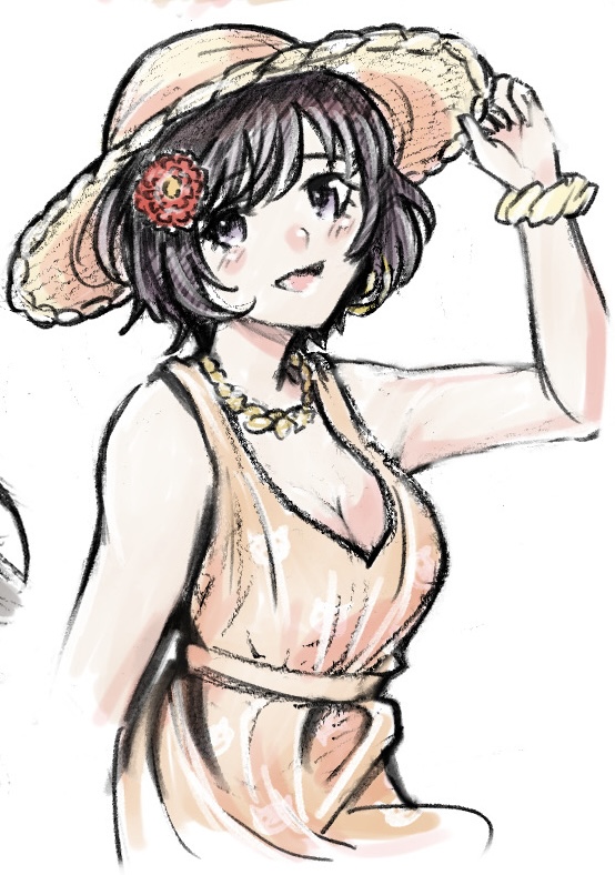 1girl, animal_print, black_hair, bracelet, breasts, cat_print, cleavage, commentary_request