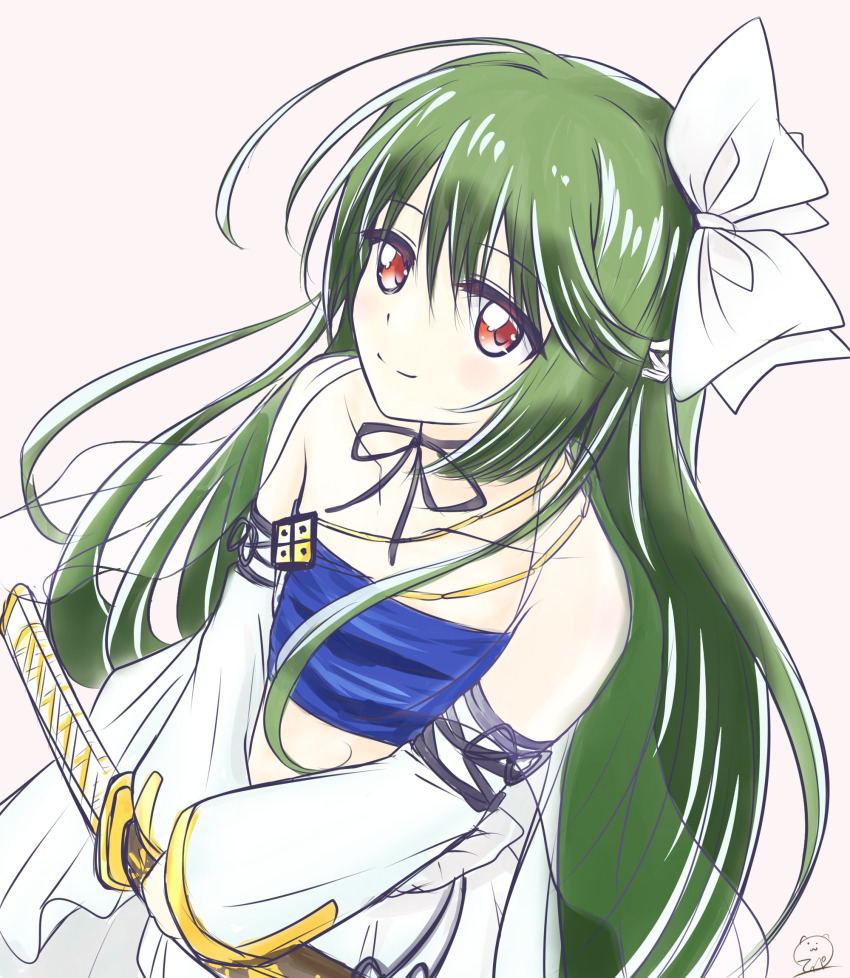1girl, bare_shoulders, bow, cape, choker, closed_mouth, collarbone, commentary_request, crop_top, detached_sleeves, floating_hair, from_above, green_hair, highres, holding, holding_sword, holding_weapon, long_hair, long_sleeves, nikkari_aoe_(tenka_hyakken), red_eyes, ribbon_choker, see-through_cape, sheath, sheathed, simple_background, smile, solo, strapless, sword, tenka_hyakken, trp_556, weapon, white_bow