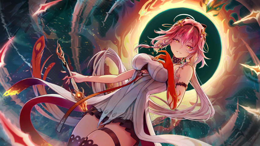 1girl, absurdres, ahoge, badman6050, bare_shoulders, black_bow, black_collar, black_thighhighs