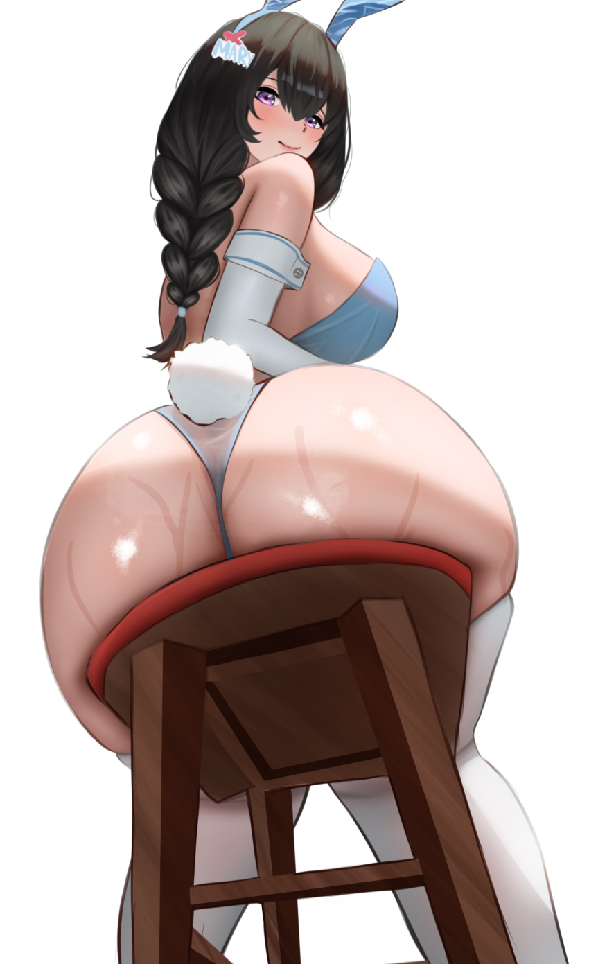 1girl, alternate_costume, animal_ears, ass, ass_focus, ass_press, ass_support, bare_shoulders, black_hair, blush, braid, breasts, come_hither, dunzet, elbow_gloves, fake_animal_ears, from_behind, from_below, gloves, goddess_of_victory:_nikke, highres, huge_ass, large_breasts, leotard, long_hair, looking_at_viewer, looking_back, mary_(medical_rabbit)_(nikke), mary_(nikke), naughty_face, official_alternate_costume, on_stool, playboy_bunny, purple_eyes, rabbit_ears, rabbit_tail, sideboob, single_braid, sitting, smile, solo, stool, sweat, tail, thick_thighs, thighhighs, thighs, thong, thong_leotard, wooden_stool