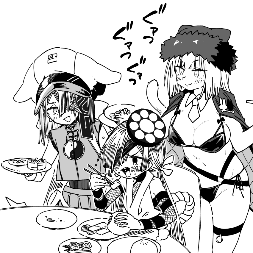 3girls, absurdres, animal_ears, arm_strap, bare_shoulders, bikini, body_markings, breasts