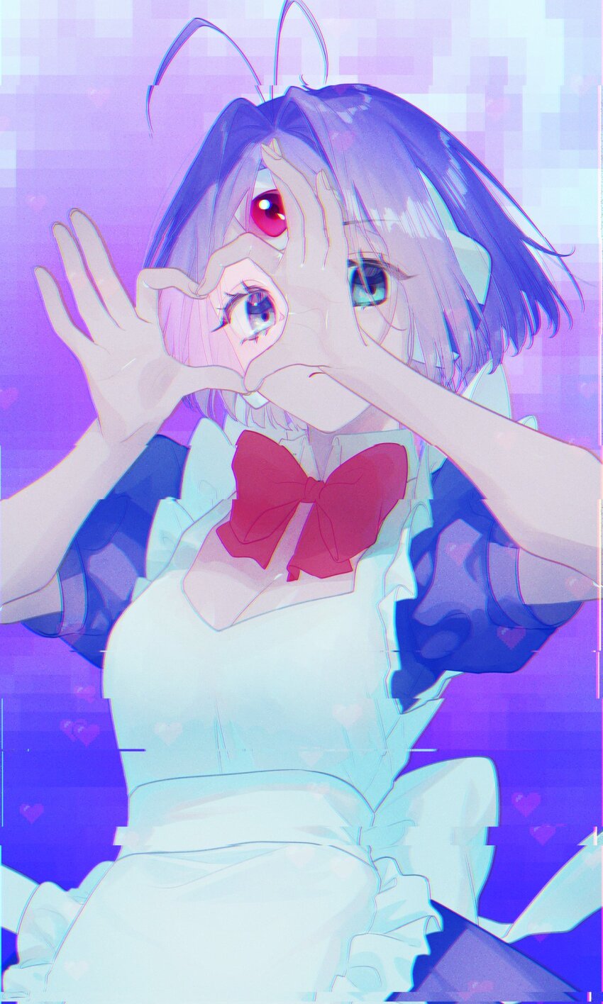 1girl, android, antenna_hair, apron, aqua_eyes, blue_dress, bow, bowtie