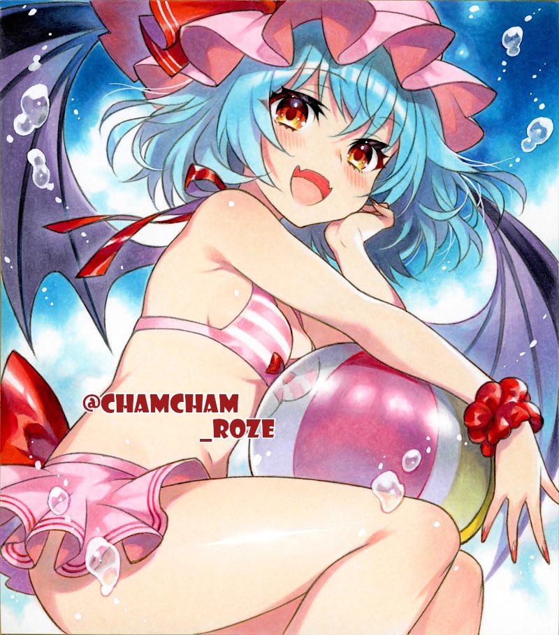 1girl, bat_wings, bikini, blue_hair, breasts, chacham, hat, looking_at_viewer