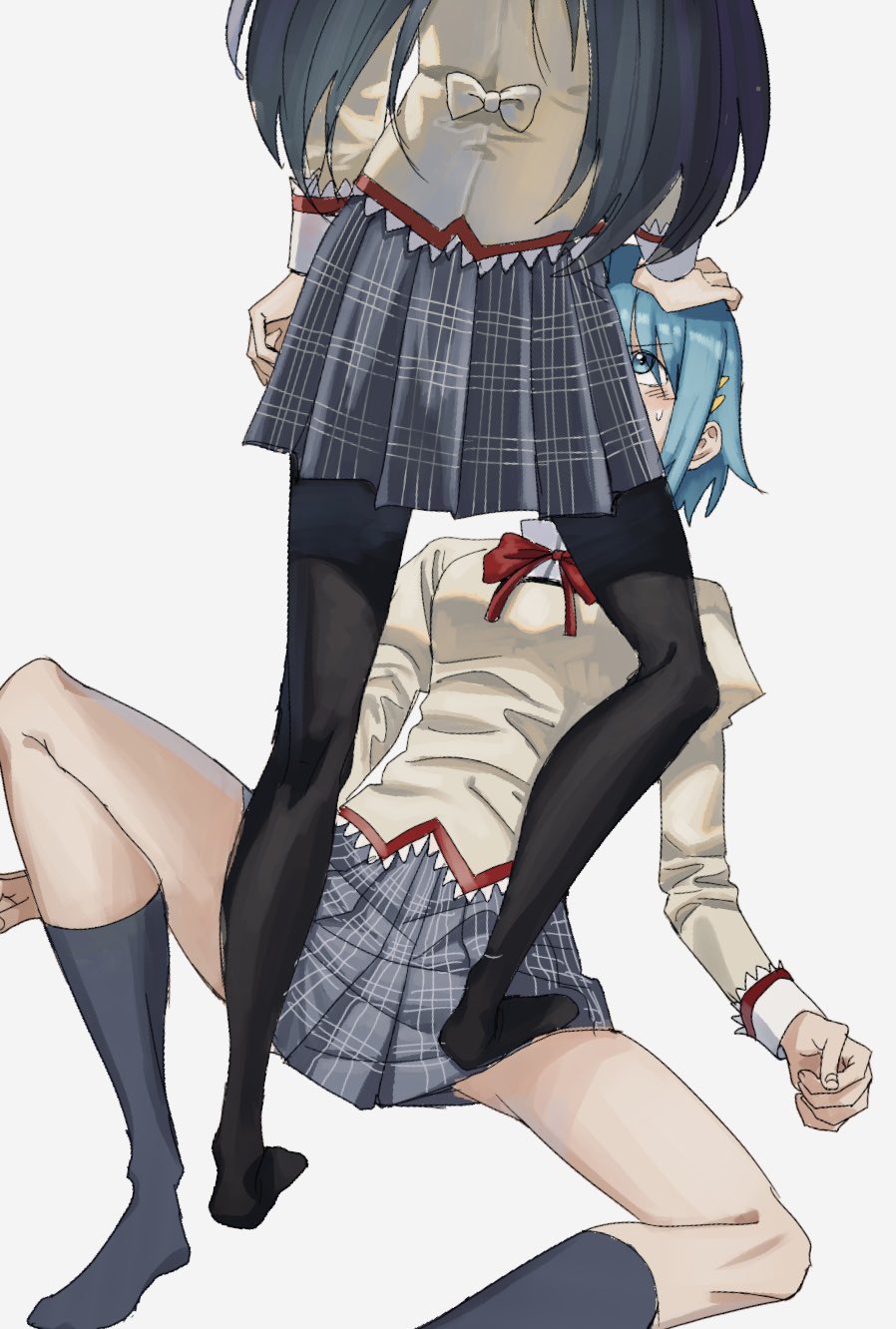 2girls, akemi_homura, assertive_female, back_bow, black_hair, black_pantyhose, black_socks, blue_eyes, blue_hair, bow, bowtie, brown_jacket, bub_bub20, grey_skirt, hair_ornament, hairclip, hand_on_another's_head, highres, implied_yuri, jacket, juliet_sleeves, knee_up, long_hair, long_sleeves, looking_at_another, looking_up, mahou_shoujo_madoka_magica, mahou_shoujo_madoka_magica_(anime), miki_sayaka, mitakihara_school_uniform, mixed-language_commentary, multiple_girls, pantyhose, pleated_skirt, puffy_sleeves, red_bow, red_bowtie, school_uniform, short_hair, simple_background, skirt, socks, spread_legs, sweat, sweatdrop