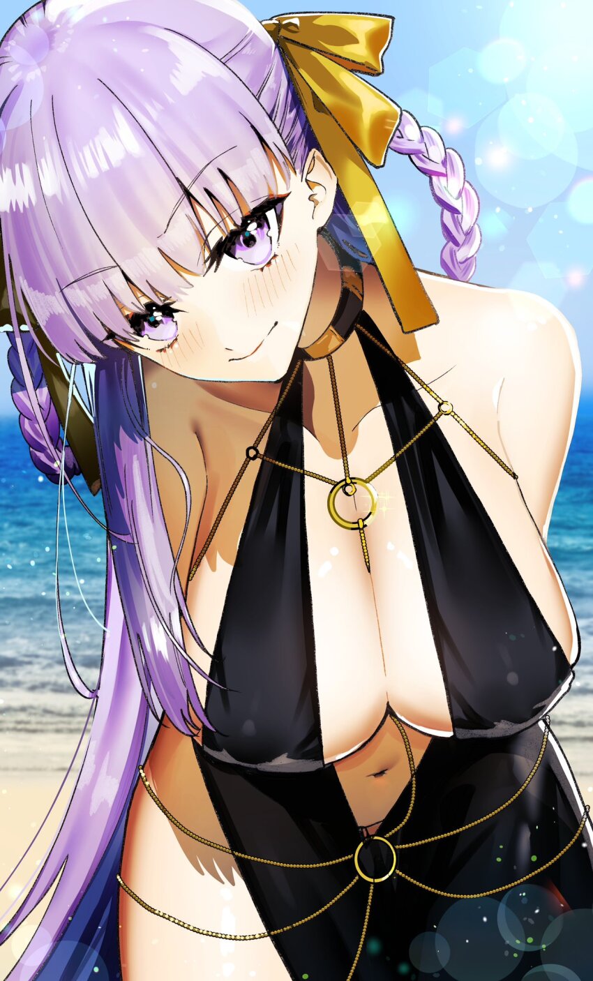 1girl, bb_(fate), bb_dubai_(fate), beach, belly_chain, black_dress, blush, braid, braided_hair_rings, breasts, center_opening, cleavage, collarbone, dress, fate/grand_order, fate_(series), hair_rings, highres, huge_breasts, jewelry, kabosoi_mangaka, large_breasts, long_hair, navel, no_bra, o-ring, ocean, purple_eyes, purple_hair, revealing_clothes, ribbon, side_slit, smile, stomach, thighs, twin_braids, very_long_hair, yellow_ribbon