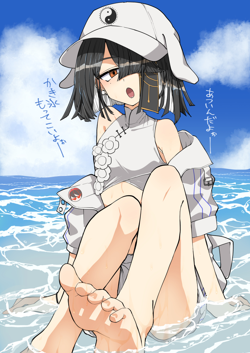 1girl, absurdres, bare_shoulders, barefoot, black_hair, blue_sky, brown_eyes, cloud