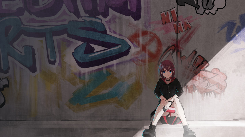 1girl, absurdres, black_choker, black_footwear, blue_eyes, bracelet, choker, commentary_request, girls_band_cry, graffiti, highres, hood, hood_down, hooded_jacket, iseri_nina, jacket, jewelry, low_twintails, pleated_skirt, red_jacket, red_skirt, shade, shibainu_illust, short_hair, short_twintails, sidelocks, sitting, skirt, three-quarter_sleeves, solo, sparkle, spray_paint, thigh_strap, twintails, wide_shot
