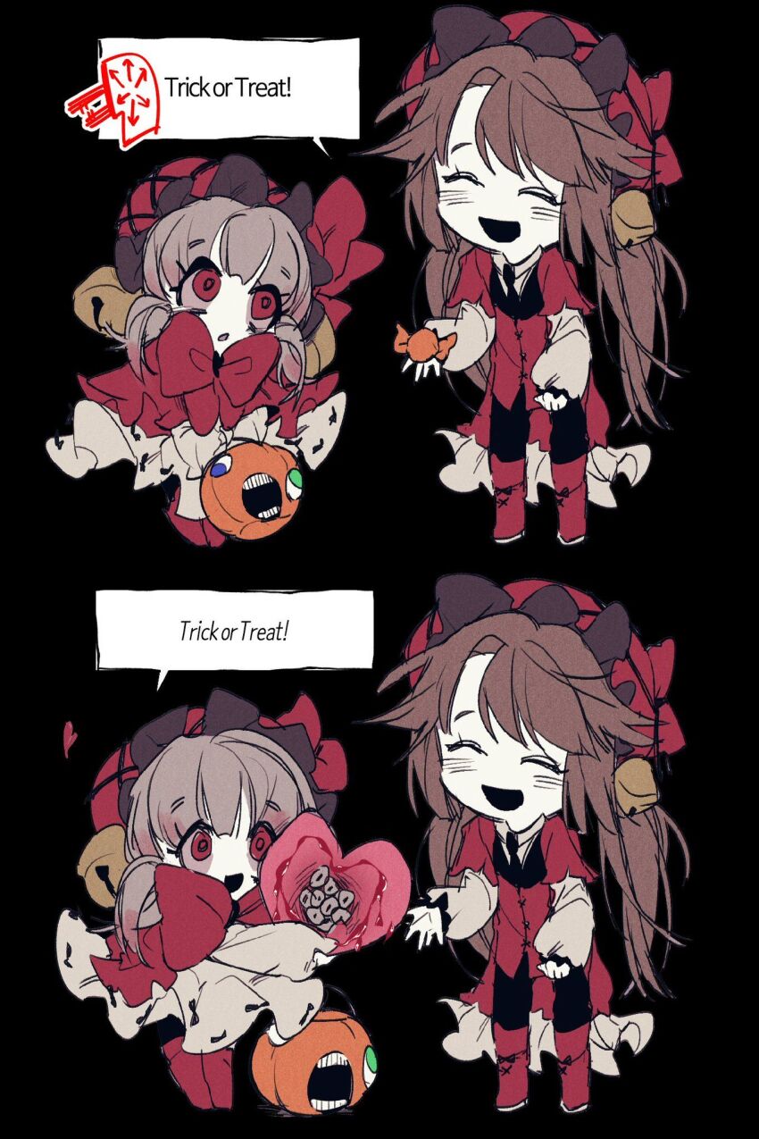 2girls, bad_id, bad_twitter_id, bell, black_background, brown_hair, candy, closed_eyes