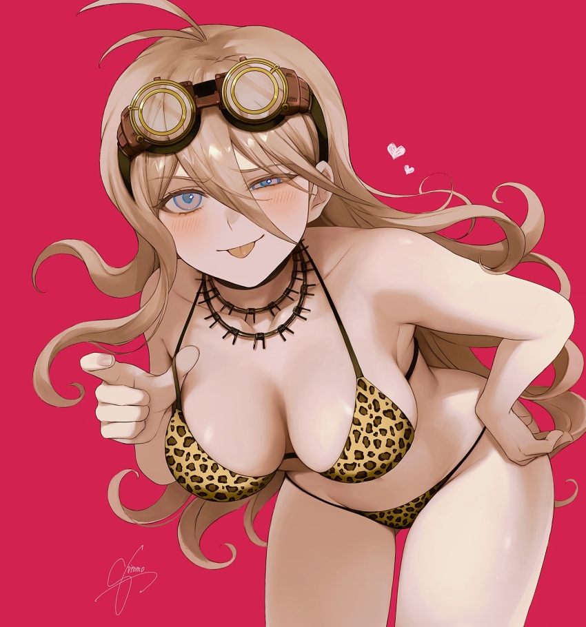 1girl, :p, alternate_costume, antenna_hair, barbed_wire, bare_arms, bare_shoulders, bent_over, bikini, blush, breasts, brown_bikini, cleavage, collarbone, cowboy_shot, danganronpa_(series), danganronpa_v3:_killing_harmony, goggles, goggles_on_head, hair_between_eyes, highres, iruma_miu, large_breasts, leopard_print, leopard_print_bikini, long_hair, pink_eyes, print_bikini, red_background, shiny_skin, shiromo_ooo, signature, simple_background, solo, swimsuit, tongue, tongue_out