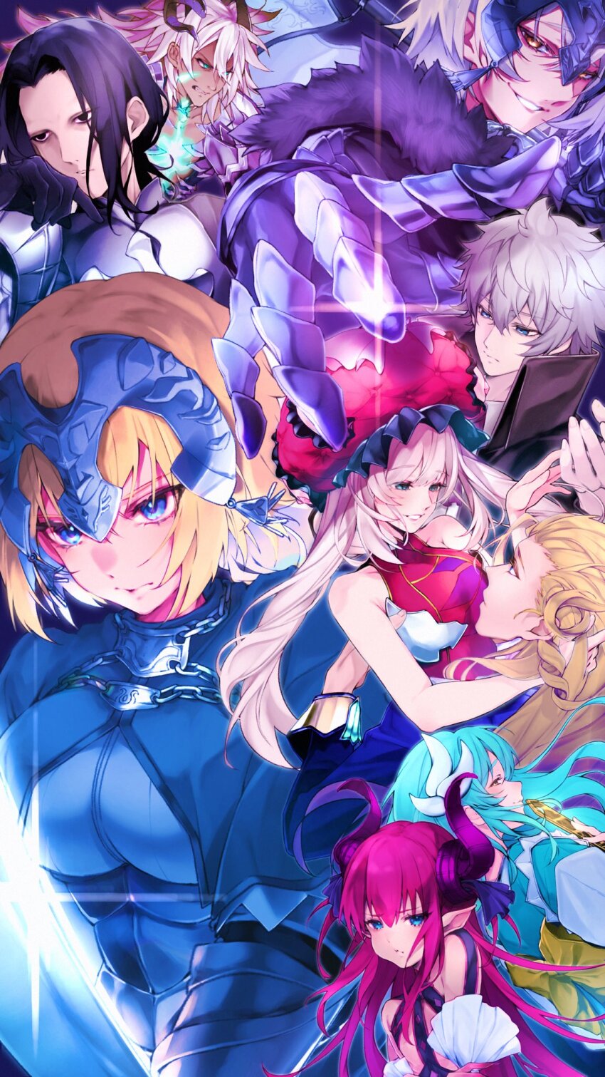 aqua_hair, aqua_kimono, armor, armored_dress, asymmetrical_horns, black_coat, black_hair, blonde_hair