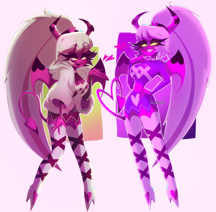 1girl, 2girls, boots, breasts, colored_sclera, colored_skin, demon_girl, demon_horns