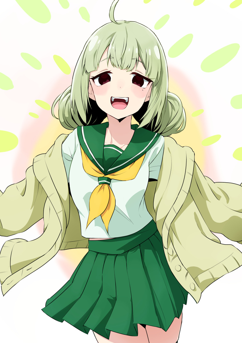 1girl, absurdres, ahoge, araga_kiwi, cardigan, commentary, cowboy_shot, double_bun