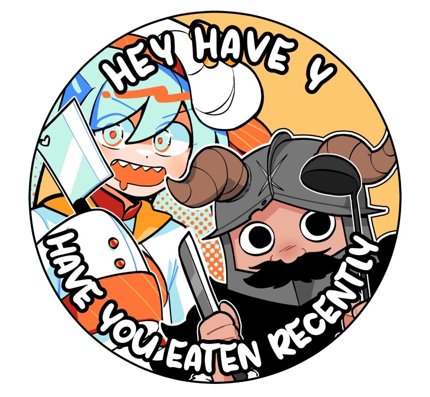 1boy, 1girl, beard, black_eyes, dungeon_meshi, english_text, facial_hair, fake_horns