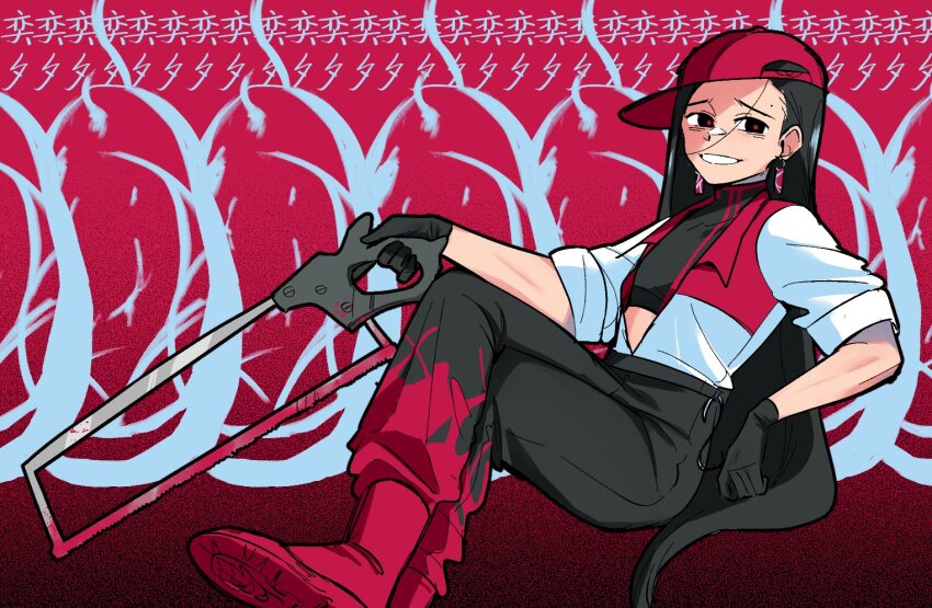 1girl, baseball_cap, black_eyes, black_hair, black_shirt, bonesaw, cropped_shirt, earrings, hat, holding_saw, jacket, jewelry, knife, long_hair, looking_at_viewer, parted_lips, pink_background, pink_hat, rice_deity, saw, shirt, smile, solo, synthesizer_v, very_long_hair, white_jacket, yi_xi_(synthesizer_v)