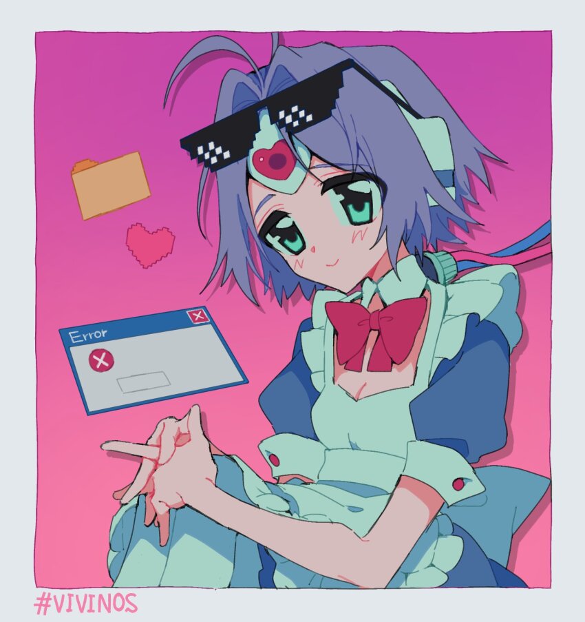 1girl, android, antenna_hair, apron, aqua_eyes, blue_dress, bow, bowtie, deal_with_it_(meme), dress, error_message, eyewear_on_head, forehead_jewel, frilled_apron, frills, gem, hair_intakes, heart, highres, looking_at_viewer, maid, maid_apron, meme, mokusei0516, pink_bitch_club, pixelated, puffy_short_sleeves, puffy_sleeves, purple_hair, red_bow, red_bowtie, red_gem, robot_ears, short_hair, short_sleeves, simple_background, sunglasses, vyt-24, white_apron, window_(computing)