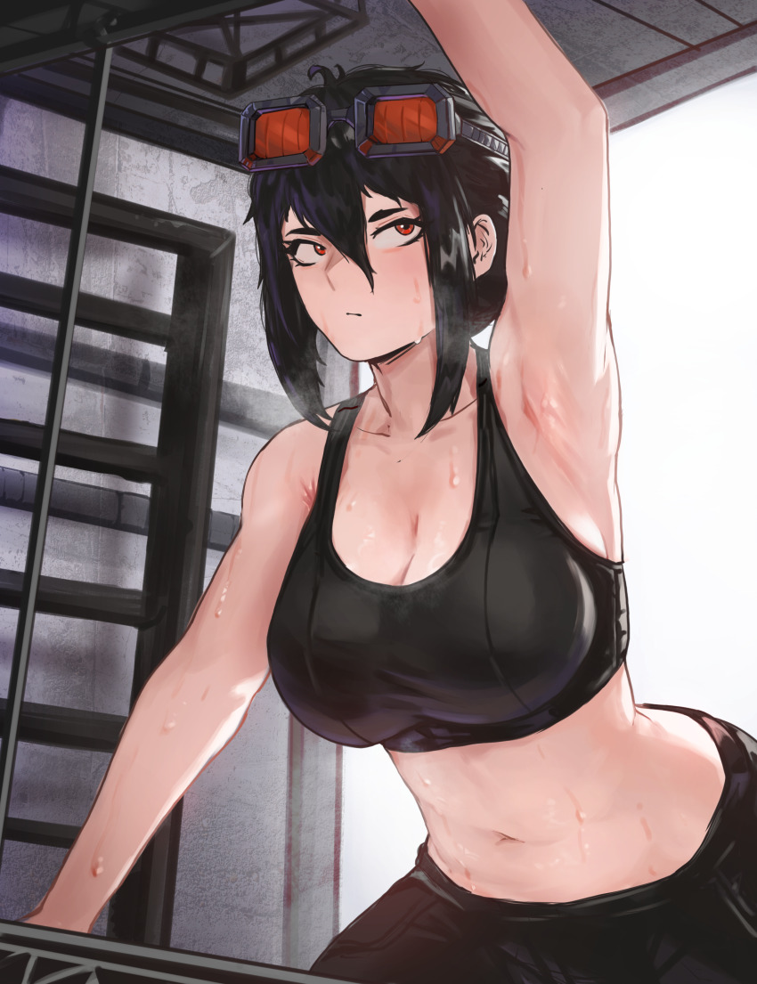 1girl, absurdres, arm_up, armpits, bare_arms, bare_shoulders, black_hair, black_pants