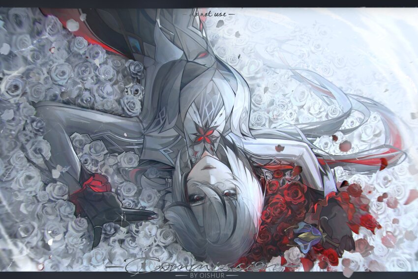 0ishur, 1girl, arlecchino_(genshin_impact), artist_name, black_eyes, black_gloves, black_hair, breasts