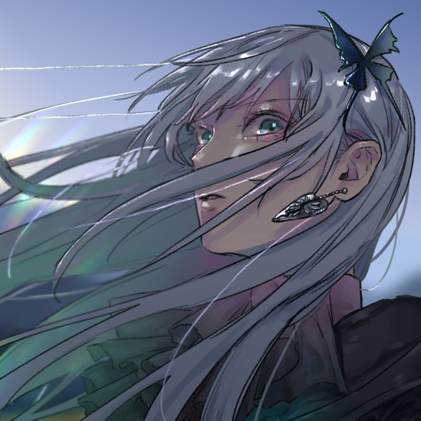 1girl, alternate_eye_color, ascot, butterfly_hair_ornament, close-up, commentary_request, earrings, eyelashes, floating_hair, grey_eyes, hair_ornament, heart, heart_earrings, highres, jewelry, karasu_ur, long_hair, looking_at_viewer, outdoors, parted_lips, senji_muramasa_(tenka_hyakken), sidelighting, solo, tenka_hyakken, white_hair
