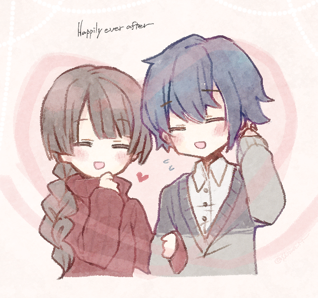 1boy, 1girl, blue_hair, blush, braid, brown_hair, closed_eyes, couple
