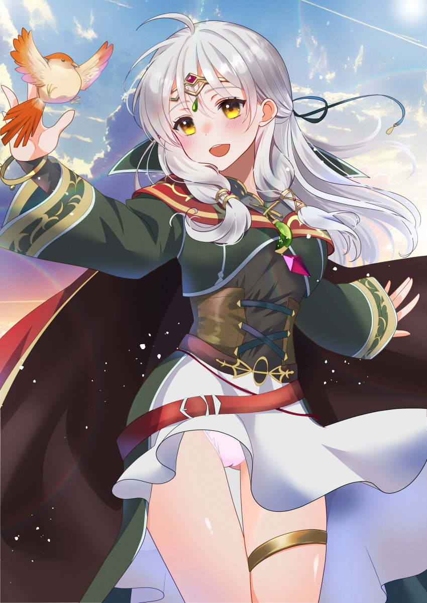 1girl, :d, absurdres, azusa_(azchemist63), belt, bird, black_bridal_gauntlets, bridal_gauntlets, cameltoe, cape, circlet, cloak, commission, fire_emblem, fire_emblem:_radiant_dawn, fire_emblem_heroes, gloves, green_cloak, grey_hair, hair_ribbon, half_updo, highres, jewelry, long_hair, looking_to_the_side, micaiah_(dawning_maiden)_(fire_emblem), micaiah_(fire_emblem), nintendo, official_alternate_costume, open_mouth, panties, pantyshot, pleated_cape, red_cape, ribbon, skeb_commission, skirt, smile, solo, sunrise, thighlet, underwear, white_panties, white_skirt, wind, wind_lift, yellow_eyes, yune_(fire_emblem)