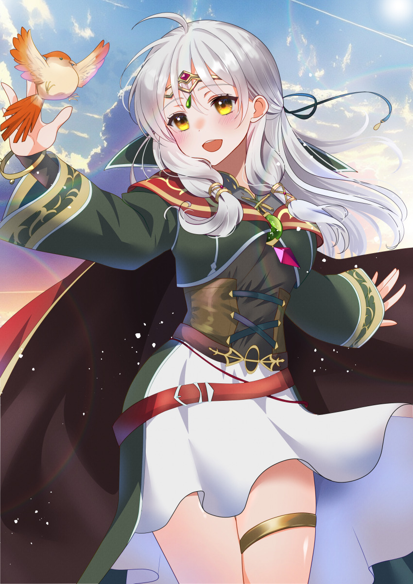 1girl, :d, absurdres, azusa_(azchemist63), belt, bird, black_bridal_gauntlets, bridal_gauntlets