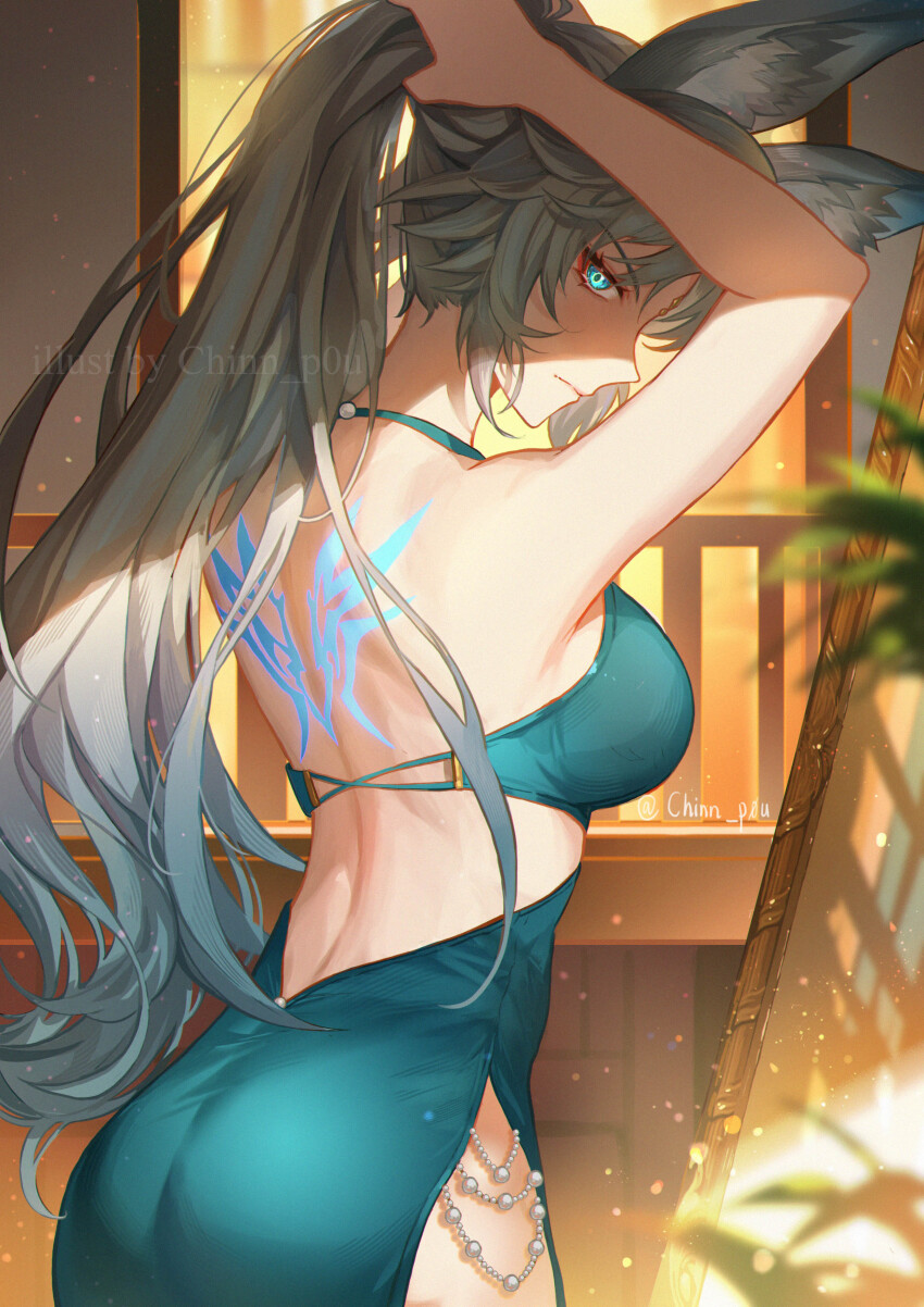 1girl, absurdres, animal_ear_fluff, animal_ears, aqua_dress, aqua_eyes, arm_up, ass