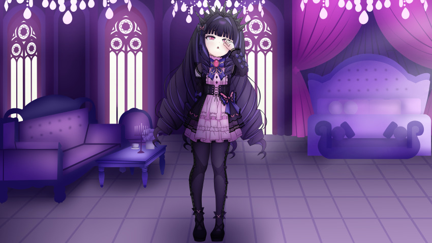 1girl, absurdres, arisu_oshiro, bed, commission, couch, dress, drill_hair