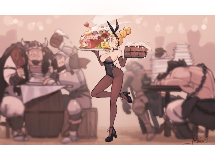 1girl, 4boys, alcohol, bare_shoulders, barrel, beer, black_choker, black_hairband, black_leotard, blonde_hair, blue_eyes, blunt_bangs, bow_hairband, braid, breasts, choker, cleavage, crown_braid, cup, earrings, eating, elbow_gloves, fake_horns, foam, food, food_stack, from_side, fruit, gloves, hair_bun, hairband, helmet, high_heels, highleg, highleg_leotard, holding, holding_cup, holding_plate, horned_helmet, horns, jewelry, knee_up, knight, large_breasts, leg_up, leotard, meat, multiple_boys, original, pancake, pancake_stack, pantyhose, pineapple, pineapple_slice, plate, plate_stack, platform_footwear, playboy_bunny, profile, rabbit_tail, server, shish_kebab, shrimp, shrimp_tempura, standing, standing_on_one_leg, steam, strapless, strapless_leotard, table, tail, tempura, yau5531
