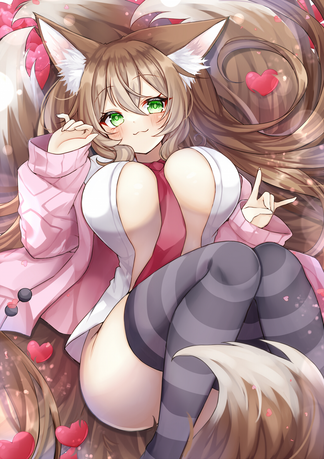 1girl, :3, animal_ear_fluff, animal_ears, breasts, brown_hair, cardigan, commission, double-parted_bangs, dress_shirt, fox_ears, fox_girl, fox_shadow_puppet, fox_tail, green_eyes, hair_between_eyes, heart, highres, kanataww, large_breasts, light_blush, lying, multiple_tails, no_pants, on_back, original, pink_cardigan, plushmallow, shirt, skeb_commission, smile, solo, striped_clothes, striped_thighhighs, tail, thighhighs, unbuttoned, unbuttoned_shirt, white_shirt