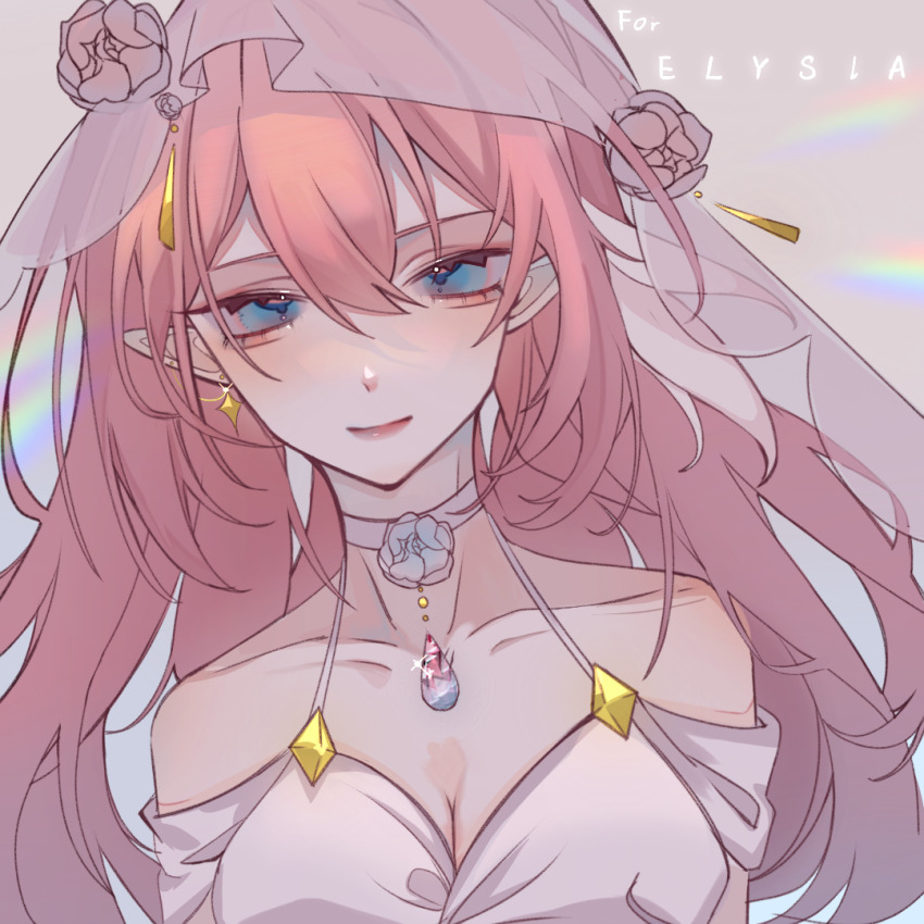 alternate_costume, bare_shoulders, blue_eyes, breasts, character_name, choker, cleavage, collarbone