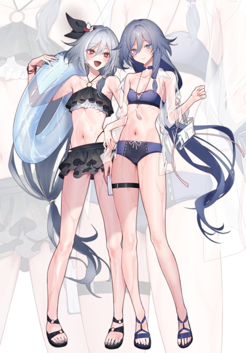 2girls, bag, bare_legs, bare_shoulders, bikini, bikini_skirt, black_bikini, blue_bikini