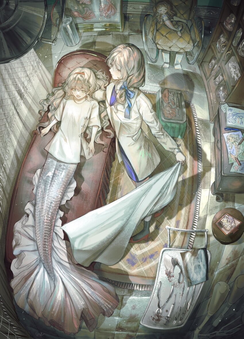 2girls, aquarium, blood, blue_bow, blue_dress, bow, drawing_(object), dress