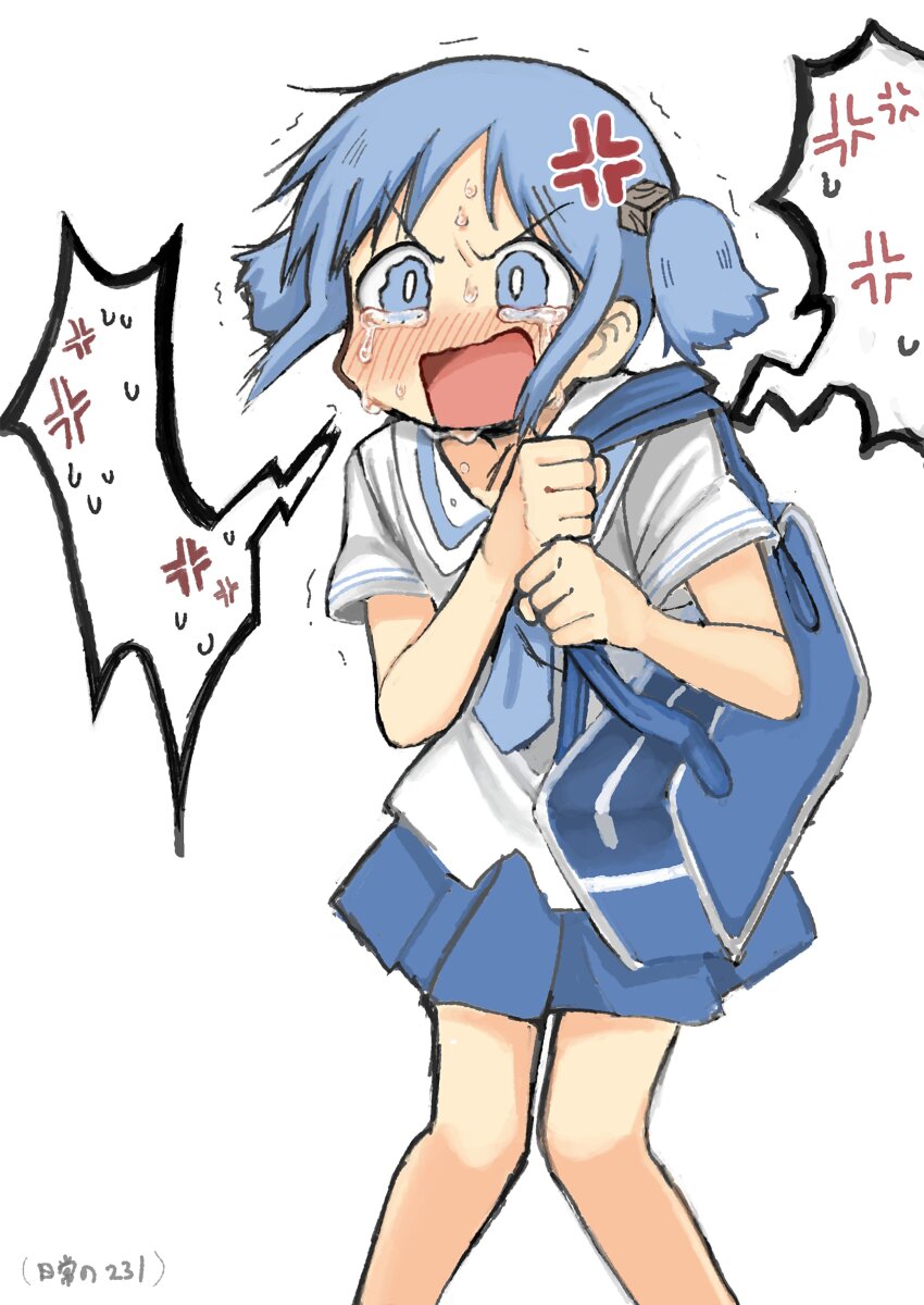 1girl, absurdres, anger_vein, angry, bag, blue_bag, blue_hair, blue_necktie, blue_skirt, blush, bright_pupils, crying, crying_with_eyes_open, cube_hair_ornament, feet_out_of_frame, full-face_blush, hair_ornament, highres, holding_strap, knees_together_feet_apart, naganohara_mio, naganoharamiomio, necktie, nichijou, open_mouth, school_bag, school_uniform, short_twintails, shouting, sidelocks, skirt, solo, speech_bubble, spoken_anger_vein, streaming_tears, sweat, tears, tokisadame_school_uniform, trembling, twintails, v-shaped_eyebrows, white_background, white_pupils