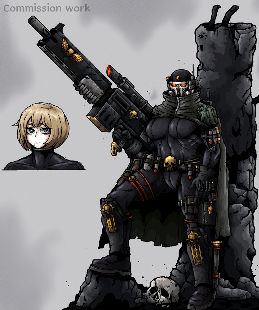 1girl, assassin, belt, black_bodysuit, black_eyes, bodysuit, cloak, commission, exitus_rifle, gun, highres, light_brown_hair, octosoup, officio_assassinorum, rifle, rubble, scar, skull, sniper_rifle, solo, vindicare_assassin, warhammer_40k, weapon