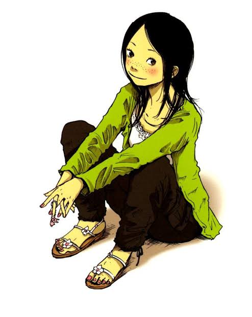 1girl, black_hair, black_pants, black_sandals, blush, closed_mouth, female_focus, freckles